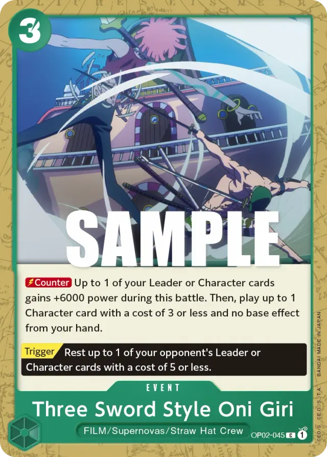 Three Sword Style Oni Giri — carte One Piece TCG OP02-045 (Paramount War)