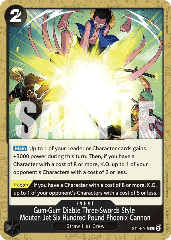 Gum-Gum Diable Three-Swords Style Mouten Jet Six Hundred Pound Phoenix Cannon — carte One Piece TCG ST14-015 (3D2Y)