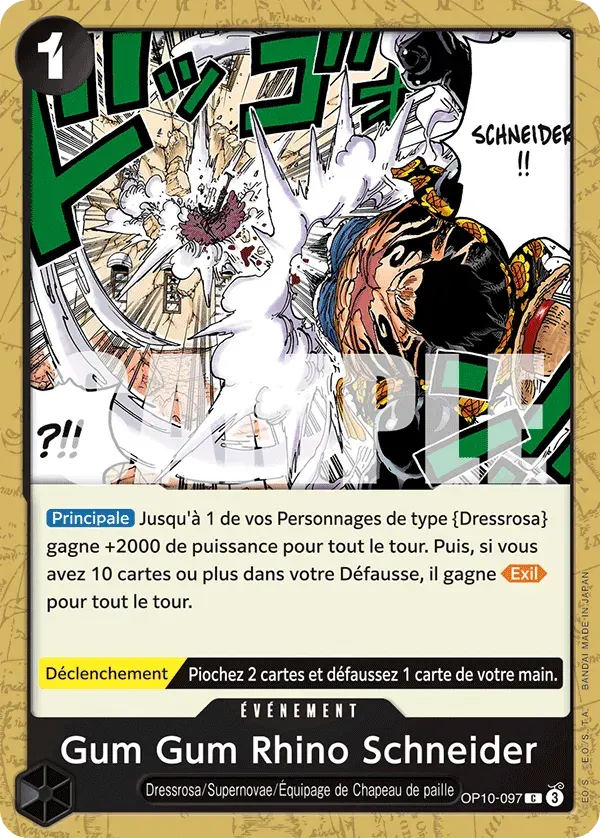 Gum Gum Rhino Schneider — carte One Piece TCG OP10-097 (Sang Royal)