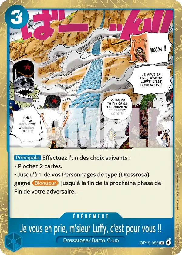 Je vous en prie, m'sieur Luffy, c'est pour vous !! — carte One Piece TCG OP15-055 (Aventure sur l’île de Dieu)