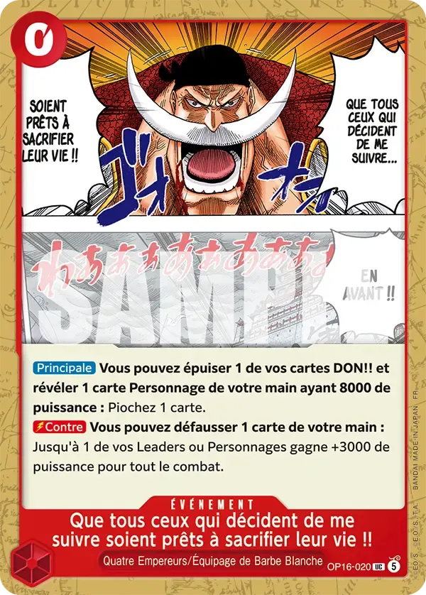 Que tous ceux qui décident de me suivre soient prêts à sacrifier leur vie !! — carte One Piece TCG OP16-020 (L'Heure de la Bataille Décisive)